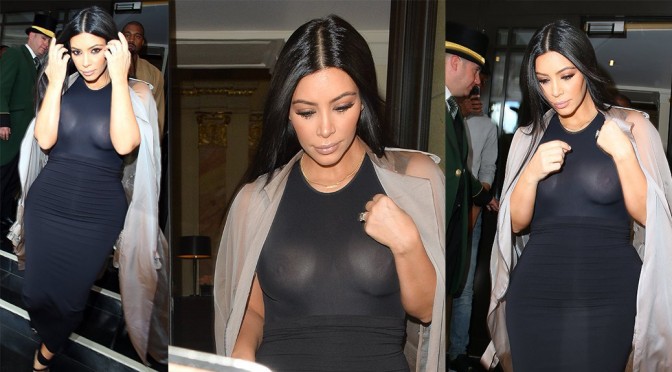 Kim Kardashian – Braless See-Through Candids in London