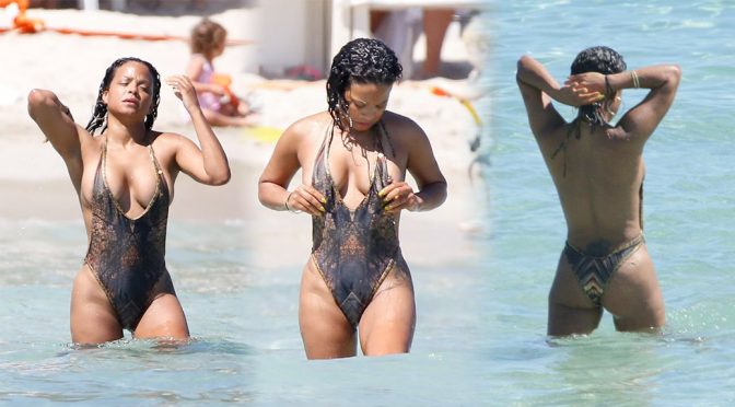 Christina Milian – Swimsuit Candids in Ibiza (Nipslip)