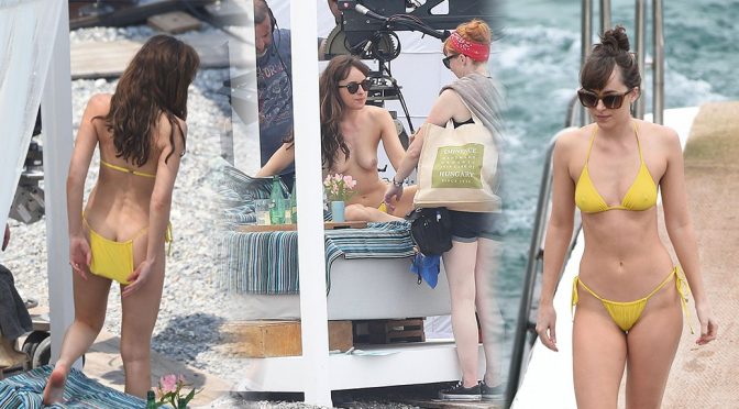Dakota Johnson – Topless Bikini Candids on “Fifty Shades Darker” Movie Set in France