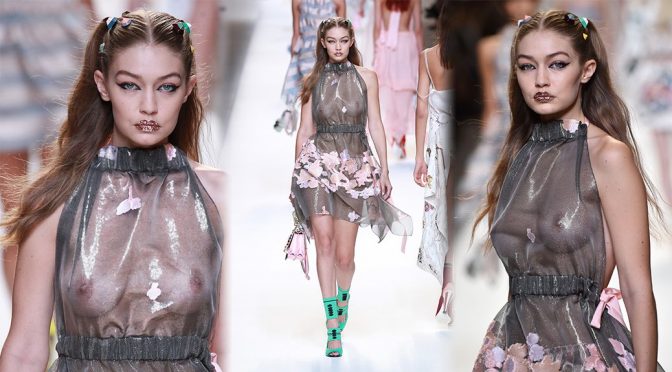 Gigi Hadid – Braless See-Through at Fendi Fashion Show in Milan