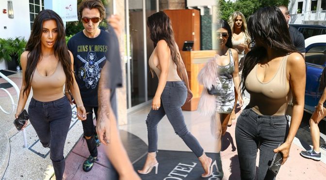 Kim Kardashian – Braless Candids in Miami