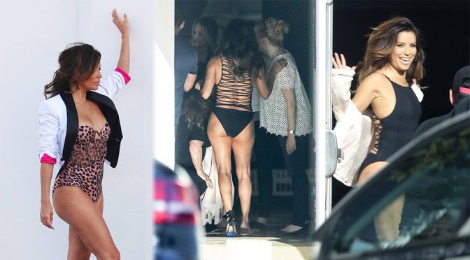 Eva Longoria – Swimsuit Photoshoot Candids in Los Angeles