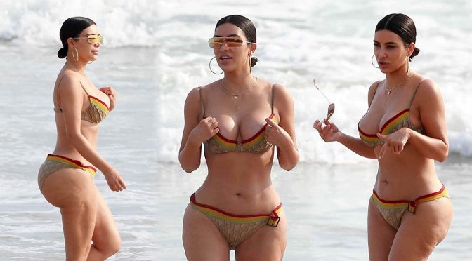 Kim Kardashian at the beach on vacation in Tulum