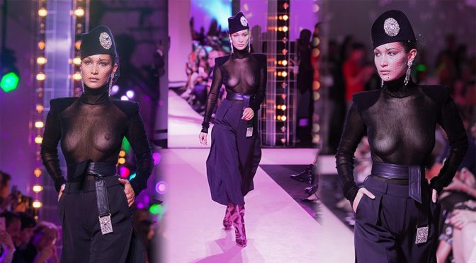 Bella Hadid – Braless See-Through at Alexandre Vauthier Fashion Show