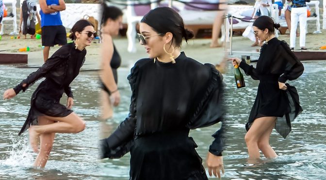 Kendall Jenner – Braless See-Through at Beach Party in Mykonos
