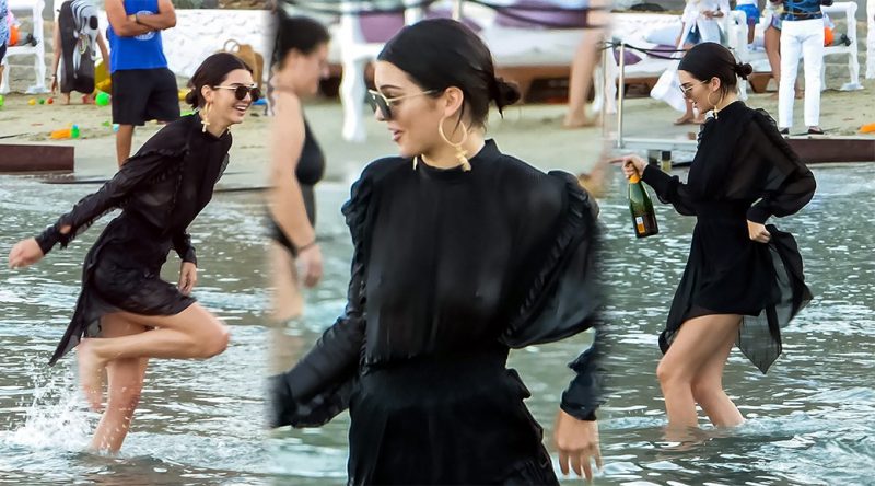 Kendall Jenner – Braless See-Through at Beach Party in Mykonos