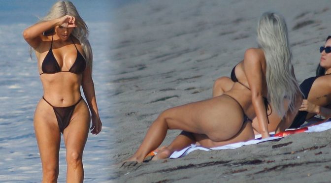 Kim Kardashian – Bikini Thong Candids in Malibu