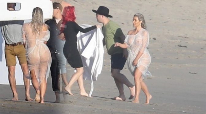 Kim Kardashian – Braless See-Through Photoshoot Candids in Malibu