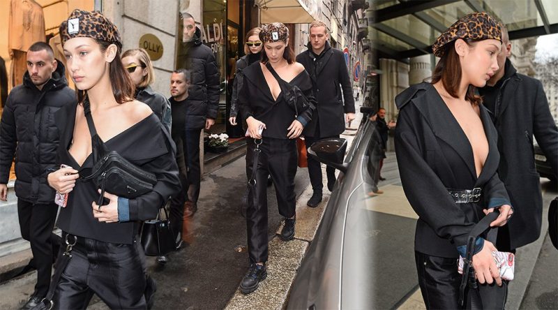 Bella Hadid – Braless Candids in Milan