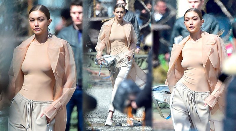 Gigi Hadid – Braless Photoshoot Candids in New York
