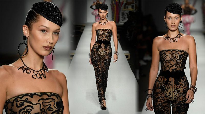 Bella Hadid – Braless See-Through at Moschino Fashion Show in Milan