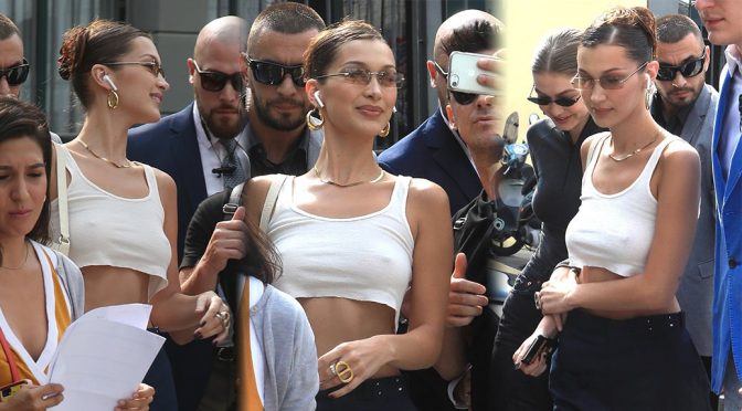 Bella Hadid – Braless Candids in Milan