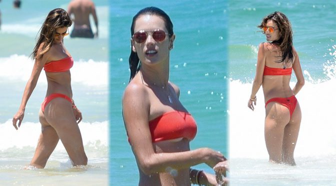 Alessandra Ambrosio in Red Bikini on Beach in Florianopolis