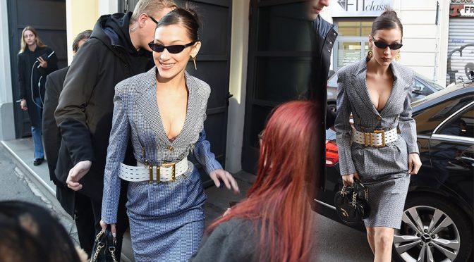 Bella Hadid – Cleavage Candids in Milan