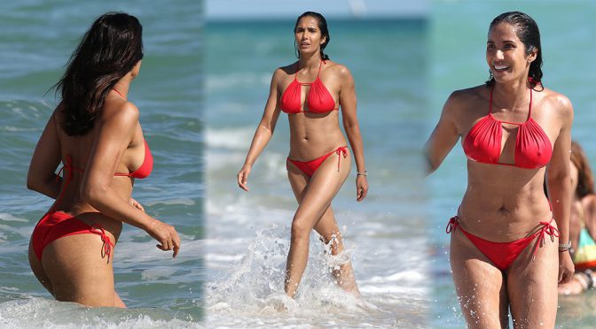 Padma Lakshmi – Sexy Red Bikini Candids in Miami