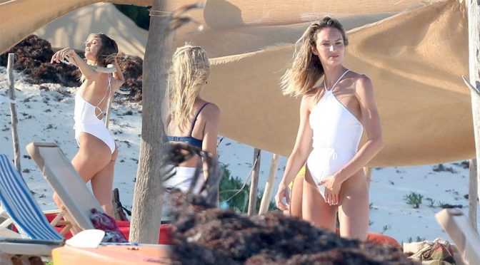 Candice Swanepoel – Swimsuit Photoshoot Candids at Beach in Tulum