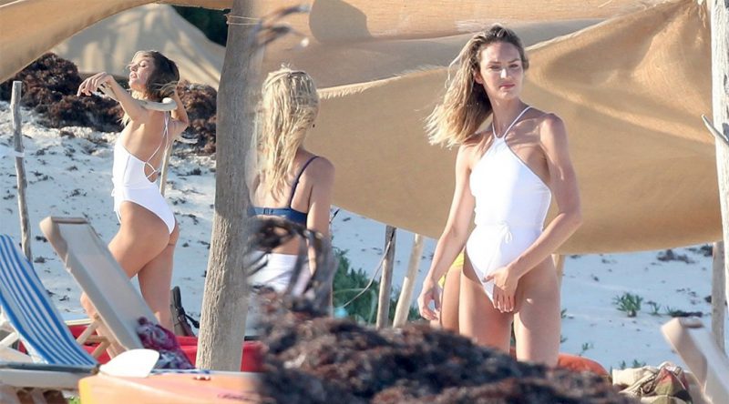 Candice Swanepoel – Swimsuit Photoshoot Candids at Beach in Tulum
