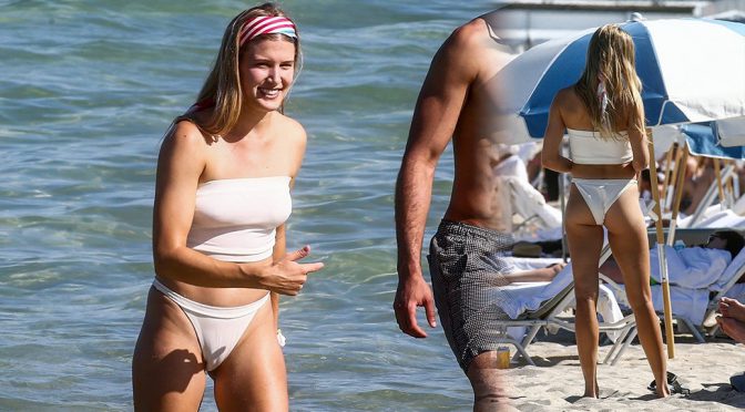 Eugenie Bouchard – White Bikini Candids on the beach in Miami
