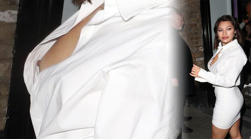 Vanessa White – wardrobe malfunction at Covent Garden in London (Nipslip) (NSFW)