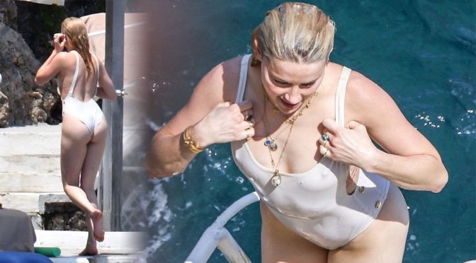 Amber Heard – Wet White Swimsuit Candids in Amalfi