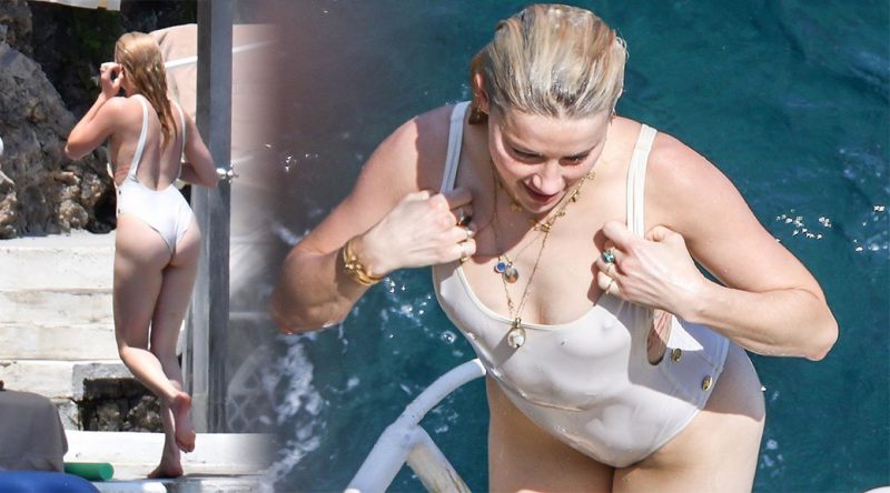 Amber Heard – Wet White Swimsuit Candids in Amalfi