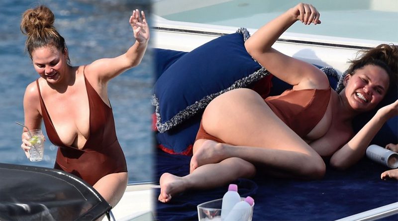 Chrissy Teigen – Big Boobs in a Swimsuit in Portofino