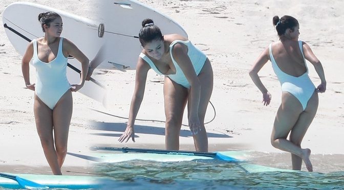 Selena Gomez – White Swimsuit Candids on the Beach in Mexico