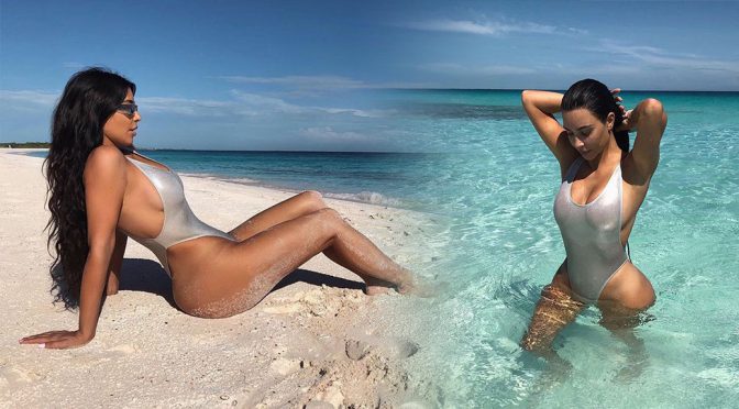 Kim Kardashian – Sexy Silver Swimsuit Photoshoot
