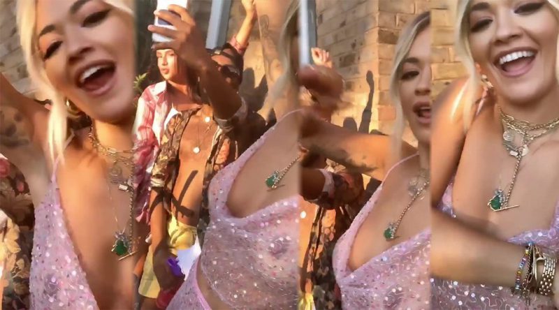 Rita Ora – Sexy Boobs in Braless See-Through Top