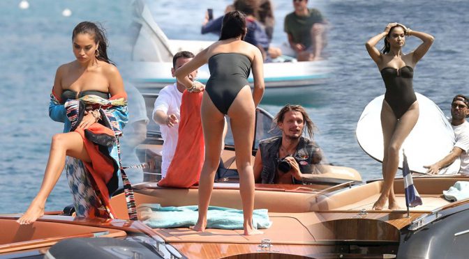 Shanina Shaik – Sexy Black Swimsuit Candids in Mykonos