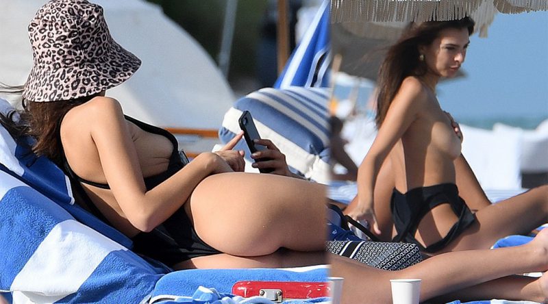 Emily Ratajkowski – Topless Candids on the Beach in Miami