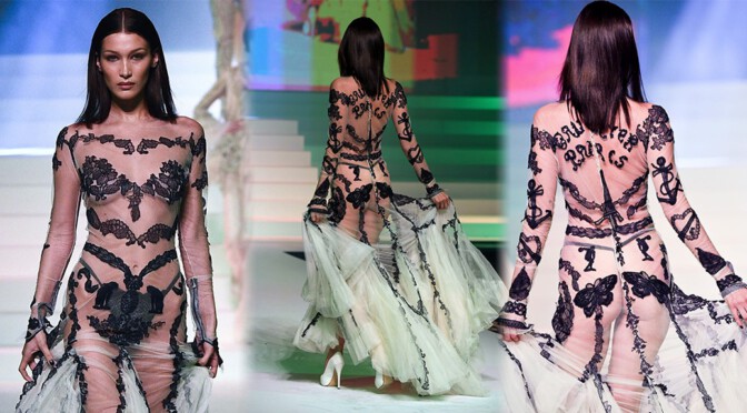 Bella Hadid – Black Thong Panties in SHeer Dress at Jean-Paul Gualtier Haute Couture S/S 2020 Fashion Show in Paris