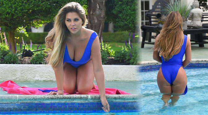Bianca Gascoigne – Sexy Big Boobs in a Blue Swimsuit at a Pool in Portugal