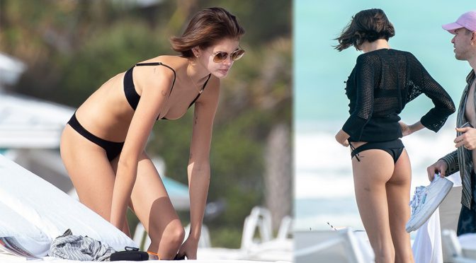 Kaia Gerber – Sexy Ass in a Thong Bikini on the Beach in Miami