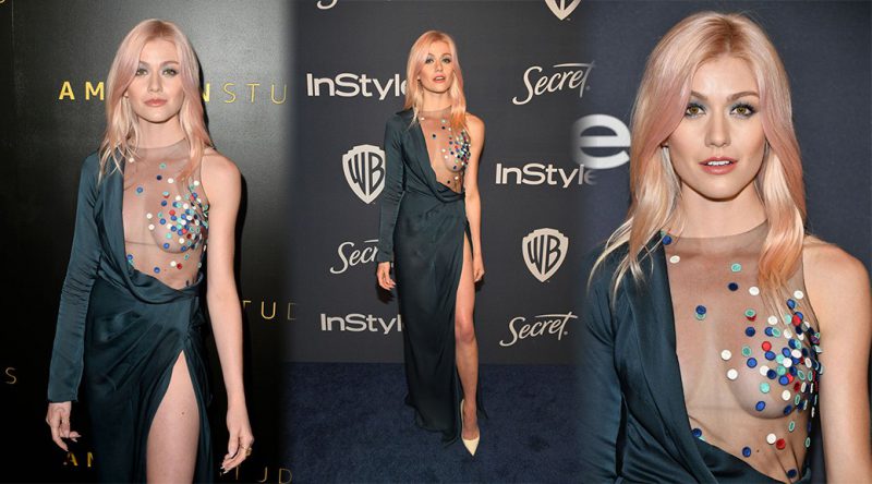 Katherine McNamara – Sexy Braless Breasts at Golden Globe After Party in Beverly Hills