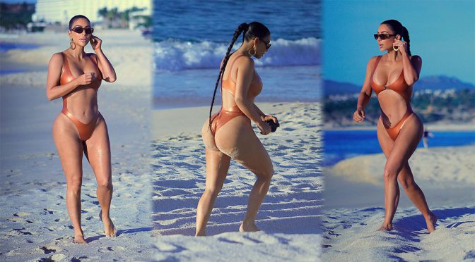 Kim Kardashian – Sexy Boobs in a Monokini at the Beach in Mexico