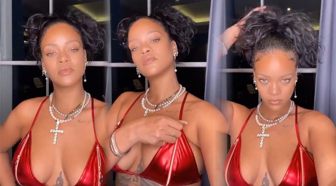 Rihanna – Sexy Boobs in Red Bikini Top Video