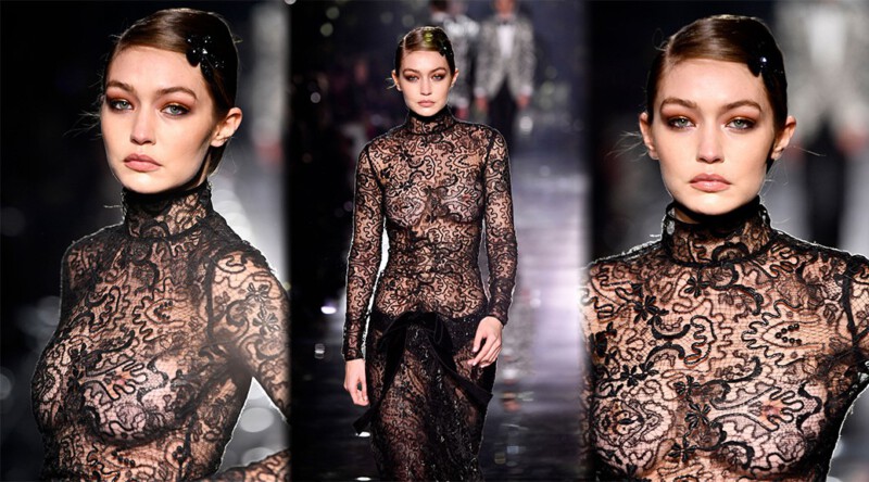 Gigi Hadid – Sexy Boobs and Nipples in See-Through Dress at Tom Ford AW20 Fashion Show in Hollywood