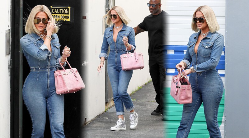 Khloe Kardashian – Curvy Body in Denim Jumpsuit Out in Woodland Hills