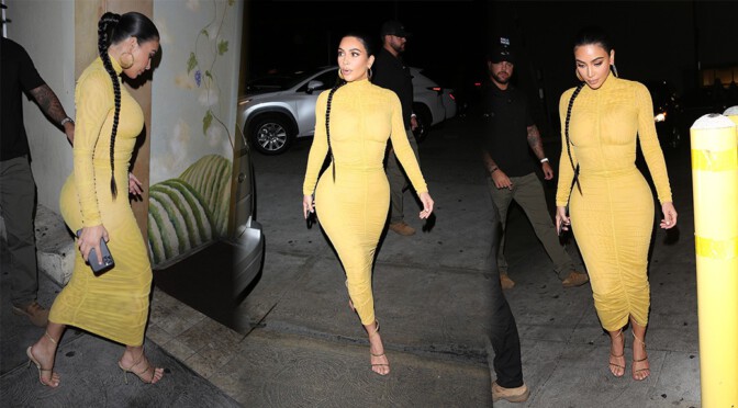 Kim Kardashian – Sexy Curves in Tight Yellow Dress at Carousel Restaurant in Glendale