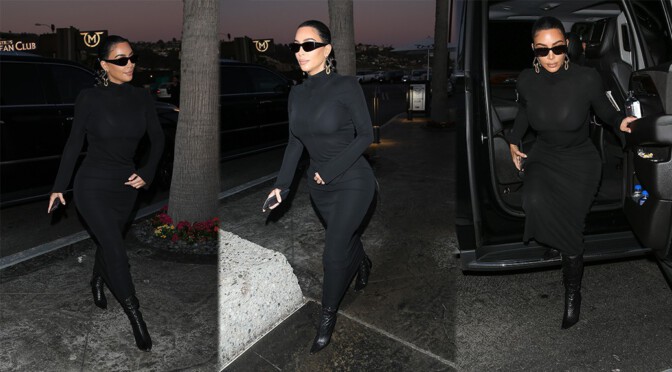 Kim Kardashian – Sexy Boobs in Tight Black Dress at Mastro’s Ocean Club in Malibu
