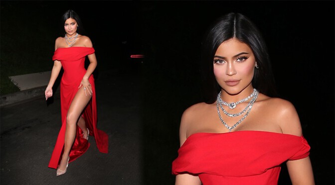 Kylie Jenner – Beautiful Legs in Sexy High Slit Dress at Jay Z and Beyonce’s Oscars party in West Hollywood