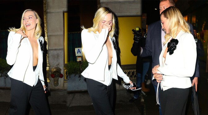 Margot Robbie – Sexy Braless Cleavage at Polo Bar in New York