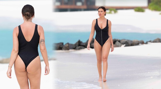 Megan Barton-Hanson- Hot Ass and Boobs in Black Swimsuit at the Beach in Maldives