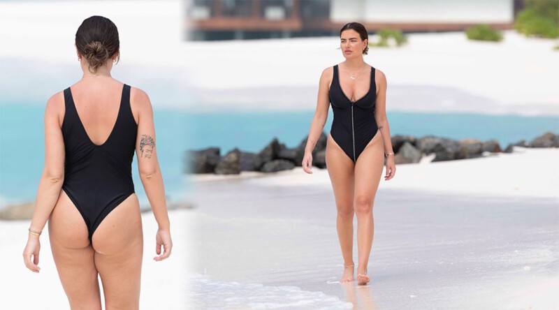 Megan Barton-Hanson- Hot Ass and Boobs in Black Swimsuit at the Beach in Maldives