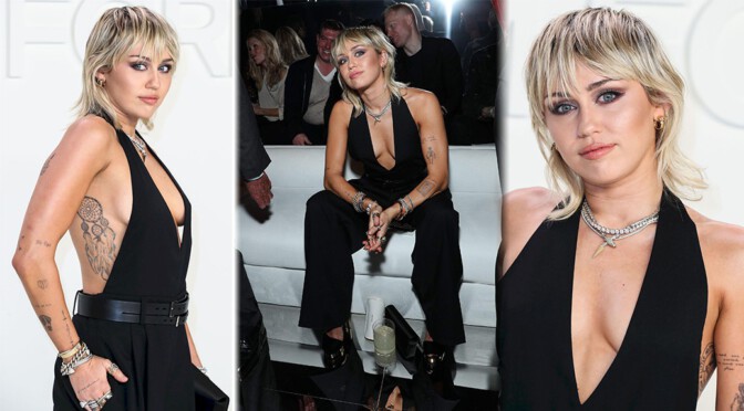 Miley Cyrus – Braless Sexy Boobs at Tom Ford Fashion Show in Los Angeles