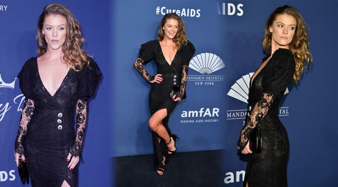 Nina Agdal – Braless BOobs in Sexy SHeer Dress at 2020 amfAR New York Gala