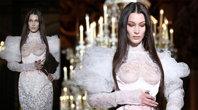 Bella Hadid – Sexy Boobs and Nipples at Vivienne Westwood Fashion Show in Paris