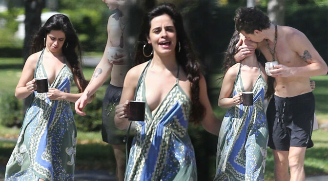 Camila Cabello – Sexy Braless Boobs in Low-Cut Dress Out in Miami