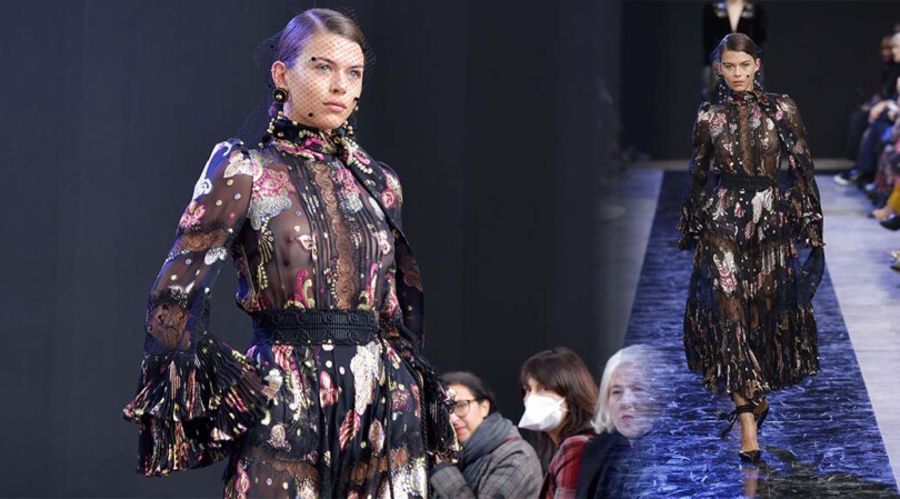 Georgia Fowler – Sexy Boobs and Nipples in See-Through Dress at Elie Saab Fashion Show in Paris